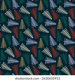 Small outline multicolored fir trees isolated on blue green background. Seamless pattern. Vector simple flat graphic illustration. Texture.