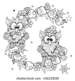 Small Owls on apple tree christmas branch- hand drawn doodle vector on white background.Isolated illustration zen art ready for adult anti stress relax coloring book.