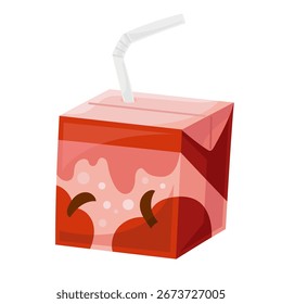 Small pack of apple juice with straw. Flat cartoon vector illustration in red and pink colors with highlights and shadows. Isolated on white background for menu design or kids projects.