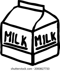 pequeño paquete de leche con la palabra "leche" dibujada en vector. Imagen en blanco y negro de una caja de leche.