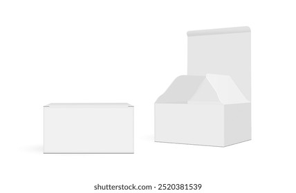 Montagem De Caixa De Embalagem Pequena, Aberta E Fechada, Isolada No Fundo Branco, Vista Frontal E Lateral. Ilustração de vetor