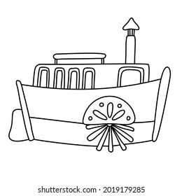 Small paddle steamer. Hand drawn vector illustration in doodle style on white background. Isolated black outline. Sea and ocean vessel theme. Great for kids coloring books