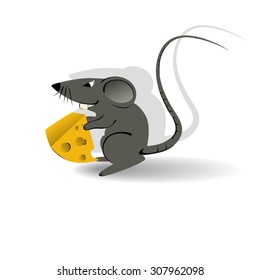 Small painted gray rat with a long tail and a piece of cheese in the legs, with a shadow behind her and under her on the white background