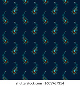 Small paisley seamless pattern indian block print floral motif classic blue background. Geometric abstract drop shapes fine flowers leaves modern fabric design ladies dress, man shirt textile swatch.