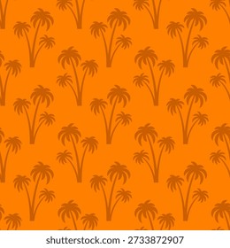 Small palm trees isolated on an orange background. Cute monochrome seamless pattern. Simple flat vector graphic illustration. Texture.