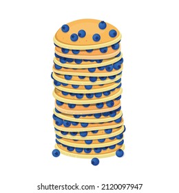 Small pancakes with a layer of fresh blueberries. Vector illustration, flat cartoon color design, isolated on white background, eps 10.