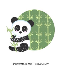 Small Panda bear with bamboo on the background of the bamboo forest. Vector