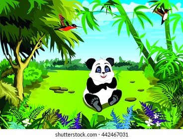 A small panda  in a  green forest