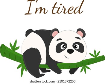 A small panda lies on a bamboo branch. Vector illustration