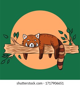 a small panda lying on a branch with leaves.  red panda.  council.  lazy bear.  animal.  the wild nature