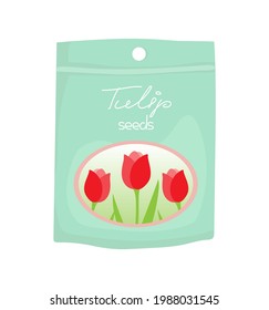 Small paper bag with tulip flower seeds in a flat cartoon style. Colorful hand-drawn illustration of a package with plant seeds for gardening. Isolated vector object for website, printed products