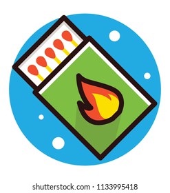 A small paper box with the graphic of fire on it and having small wooden sticks with chemical over their heads depicting match box 