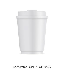 Small paper coffee cup with lid isolated on white background - front view. Takeaway coffe package mock up. Vector illustration