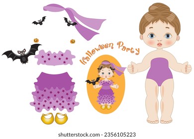 Small paper doll for play or collection with clothing suitable for the Halloween party