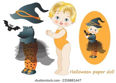 Small paper doll for play or collection with clothing suitable for the Halloween party