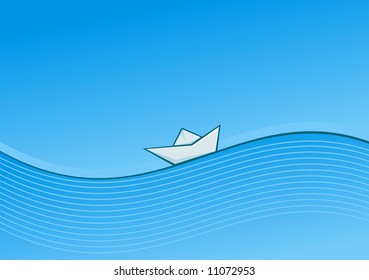 Small paper ship on the wave. Vector.