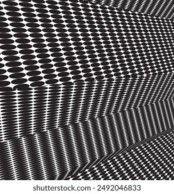 Small parallel ellipses creating cropped rectangular, connected monochrome grids