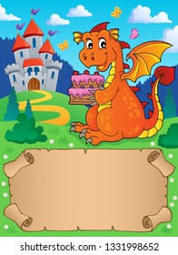 Small parchment and dragon holding cake - eps10 vector illustration.