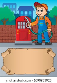 Small parchment and gas station worker - eps10 vector illustration.