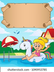 Small parchment and girl in pool - eps10 vector illustration.