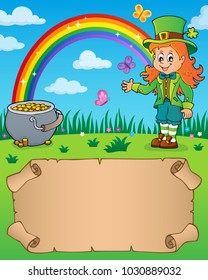 Small parchment with leprechaun girl - eps10 vector illustration.