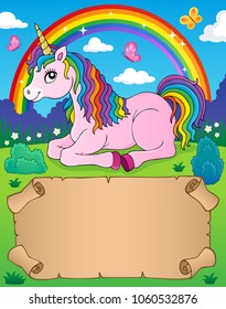 Small parchment and lying unicorn - eps10 vector illustration.
