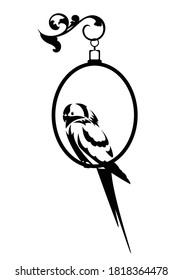 small parrot bird sitting on ring perch - cute pet black and white vector outline