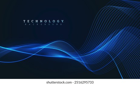 Ondas de datos de partículas Pequeñas intercaladas con curvas azules, fondo de tecnología digital futurista. Ilustración vectorial.