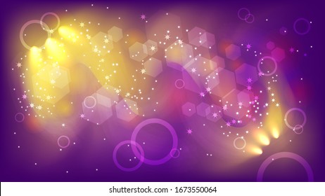 small particles, flashes of light, a smoothly curved array of small stars, translucent rings of different sizes are randomly located on a yellow-purple background. art wallpaper. vector
