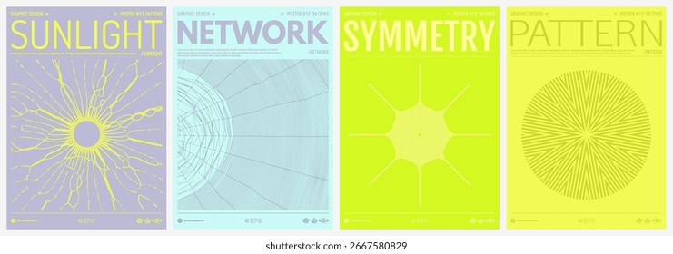 Small particles on radial lines diverge from the centre. Solar or stellar radiation. Cobweb. Grid. Science or technology background. Illustration for card, cover, banner, flyer, poster or brochure.