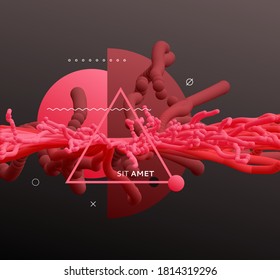 Las pequeñas partículas se esfuerzan fuera del centro. Bordes líquidos flotantes. Resumen de fondo con efecto dinámico. Ilustración vectorial 3d para cubierta, banner, volante o afiche.