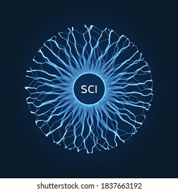 Small particles strive out of center. Space vortex. Abstract grid design. Vector illustration in technology style. Can be used for science, chemistry or education.