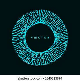 Small particles strive out of center. Space vortex. Abstract grid design. Vector illustration in technology style. Can be used for science, chemistry or education.