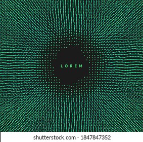 Small particles strive out of center. Array with dynamic particles. Abstract grid design. Vector illustration in technology style. Can be used for science or education.