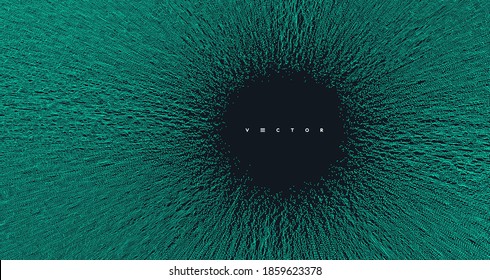 Kleine Partikel verschwinden aus der Mitte. Array mit dynamischen Partikeln. Abstraktes Gitterdesign. Vektorgrafik im Technologiestil. Kann für Wissenschaft oder Bildung verwendet werden.