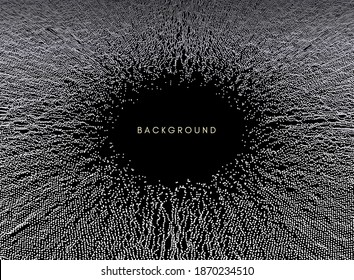 Kleine Partikel verschwinden aus der Mitte. Array mit dynamischen Partikeln. Abstraktes Gitterdesign. Vektorgrafik im Technologiestil. Kann für Wissenschaft oder Bildung verwendet werden.