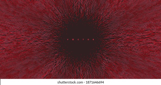 Small particles strive out of center. Array with dynamic particles. Abstract grid design. Vector illustration in technology style. Can be used for science or education.