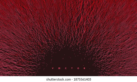 Small particles strive out of center. Array with dynamic particles. Abstract grid design. Vector illustration in technology style. Can be used for science or education.