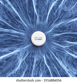 Small particles strive out of center. Array with dynamic particles. Abstract grid design. Vector illustration in technology style. Can be used for science or education.