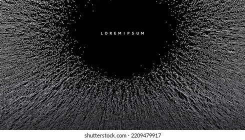 Small particles strive out of center. Array with dynamic particles. Abstract grid design. Vector illustration in technology style. Can be used for science or education.