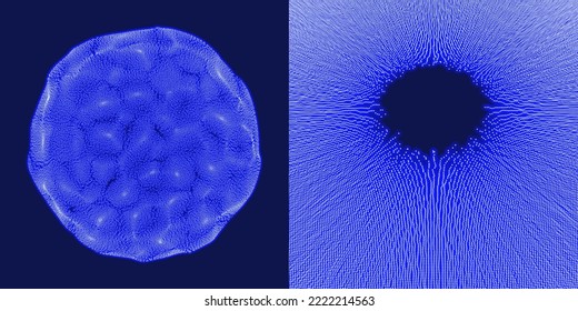 Small particles strive out of center. Array with dynamic particles. 3d Sphere. Global digital connections. Abstract grid design. Vector illustration in technology style. Can be used for science.