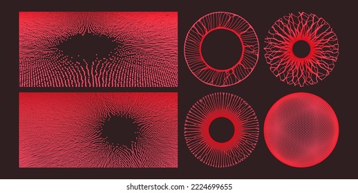 Small particles strive out of center. Sphere consisting of small particles. Object with dots. Abstract grid design. Vector illustration for science or education.