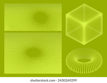 Kleine Teilchen streben aus dem Mittelpunkt. Anordnung mit dynamischen Teilchen. Torus und Würfel aus kleinen Partikeln. Objekte mit Punkten. Raster. Verbindungsstruktur für die Wissenschaft. Vektorgrafik.