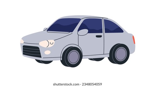 Small passenger car. 2-door auto, wheeled road vehicle. Compact little automobile, perspective view. Automotive motor transport. Flat vector illustration isolated on white background