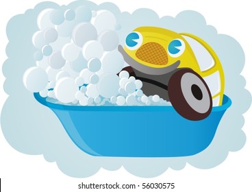 A small passenger car washes in the bathroom.