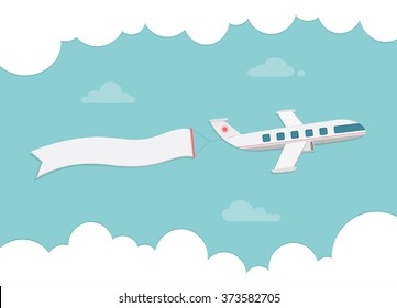 Small passenger plane carrying a banner. Flat style vector illustration.