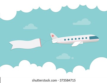 Small passenger plane carrying a banner. Flat style vector illustration.