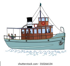 A small passenger ship (steamer). Color vector illustration on white background.