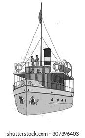 A small passenger ship (steamer). Gray scale textured vector illustration.