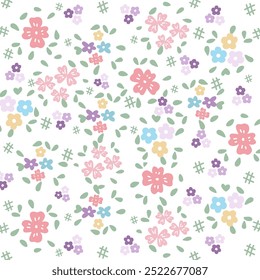 Small pastel colored floral fabric pattern, cute, hand drawn, seamless vector texture, clothing pattern, children's items, children's toys, white background.